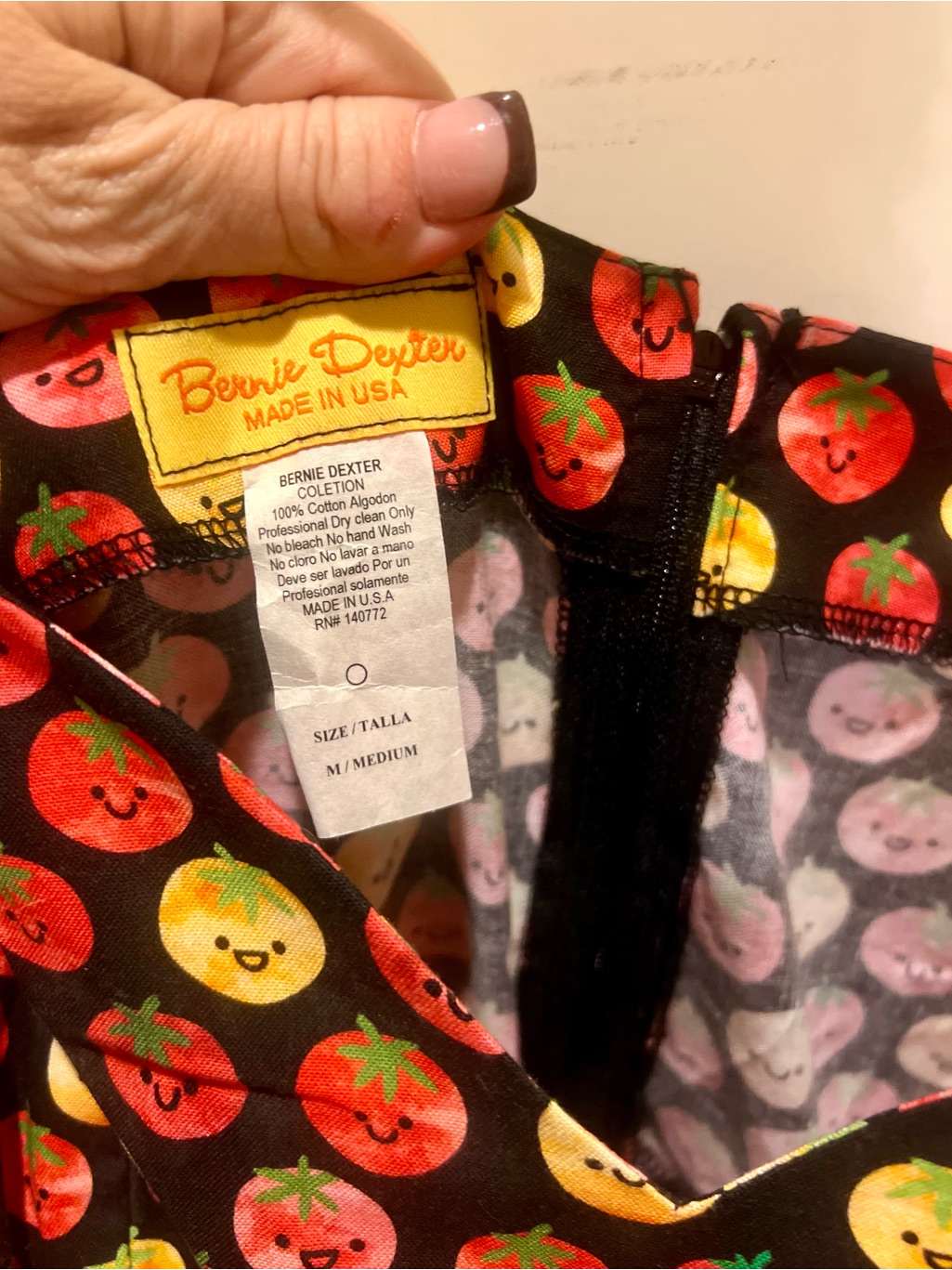 Bernie Dexter Black Dress With Red And Yellow Smiling Tomato Print